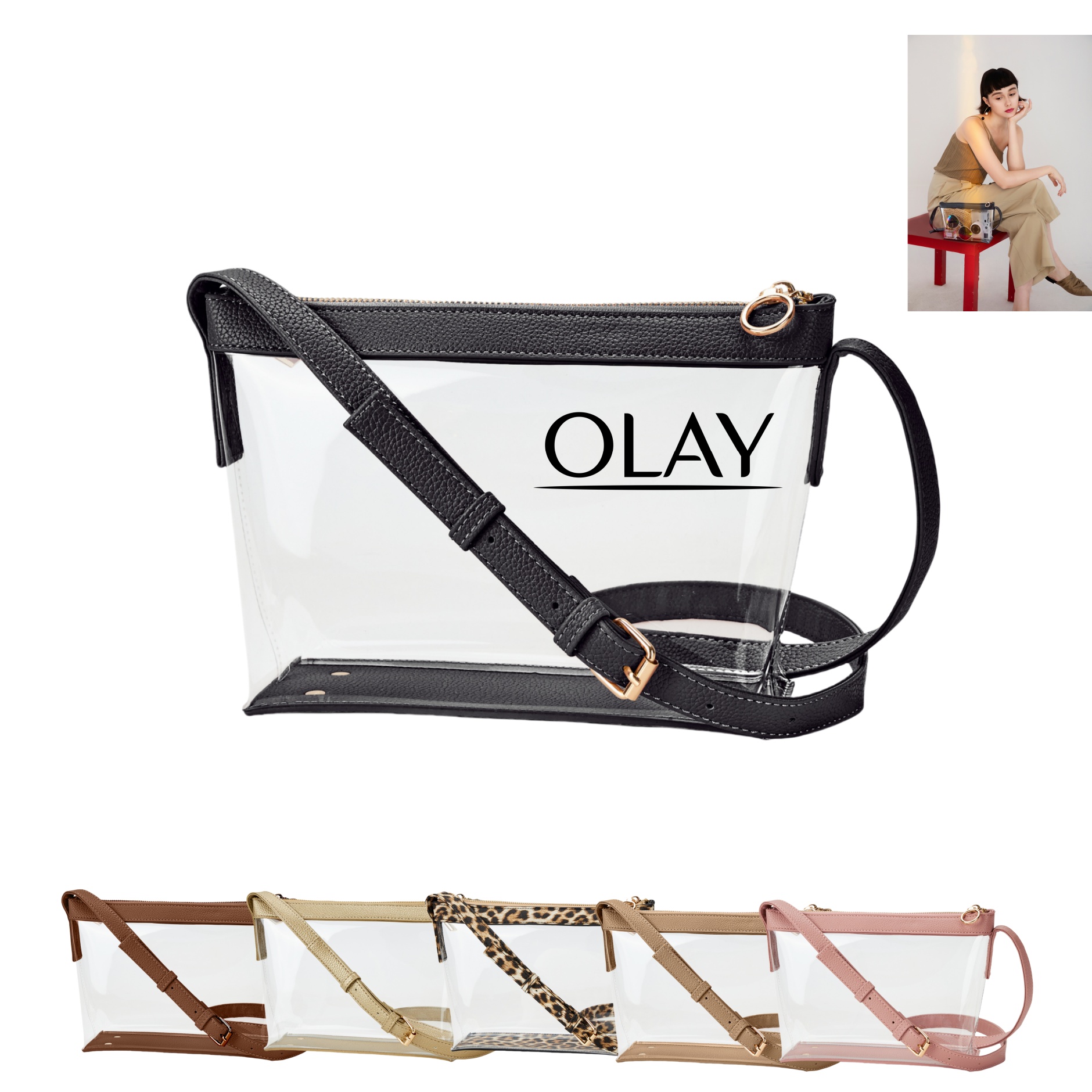 Clear Zipper Cross Body Bag with Vegan Leather Trim